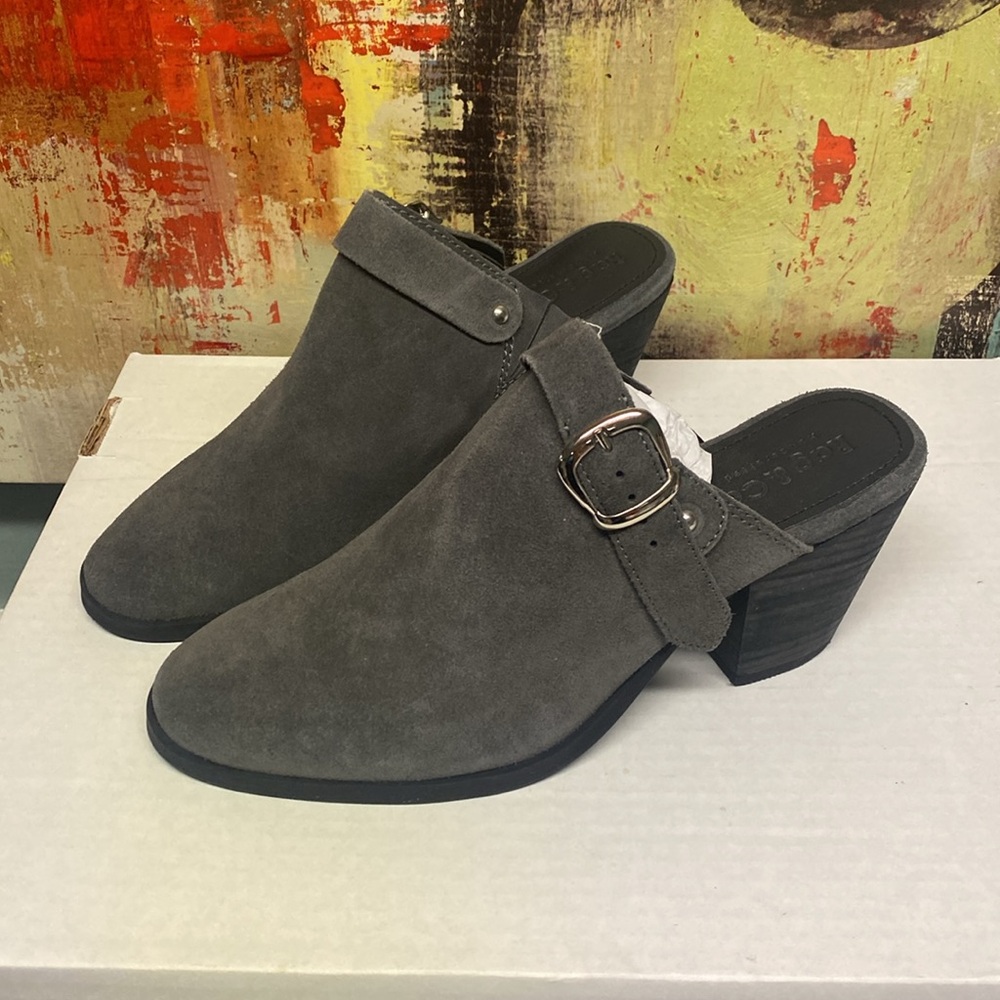 Rag & Co Grey Stacked Heel Mules With Adjustable Buckle bootie shoes boots